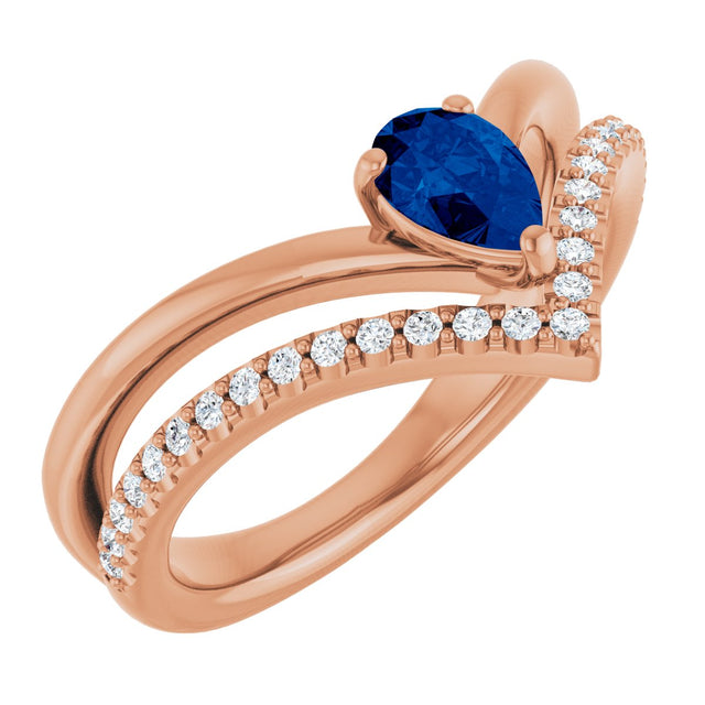 14K Gold Pear Lab-Grown Blue Sapphire & Natural Diamond Negative Space V Ring – 6x4mm - Rose Gold