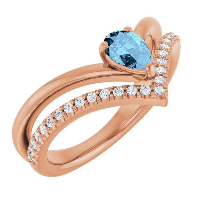 14K Gold Pear Natural Aquamarine & Natural Diamond Negative Space V Ring - Rose Gold