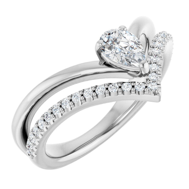 14K Gold Pear Natural White Sapphire & Natural Diamond Negative Space V Ring - White Gold