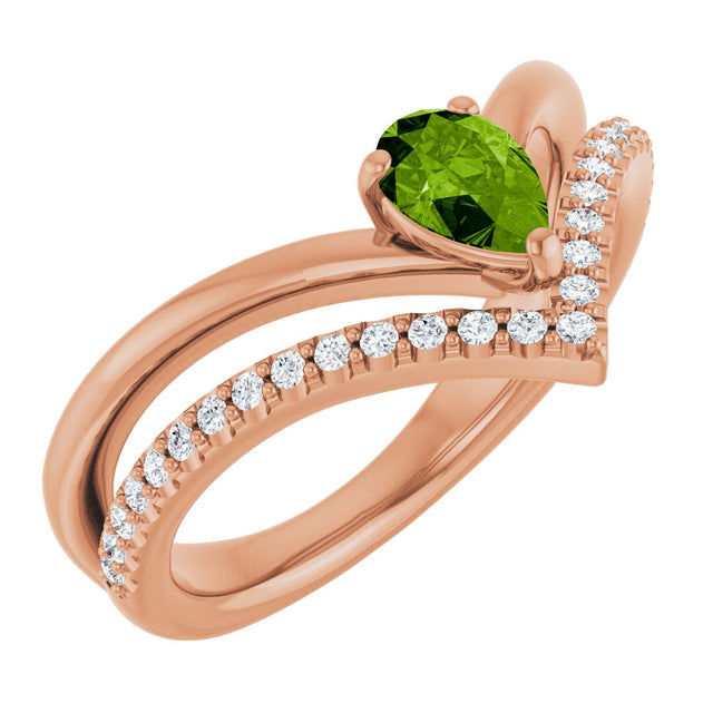 14K Gold Pear Natural Peridot & Natural Diamond Negative Space V Ring - Rose Gold