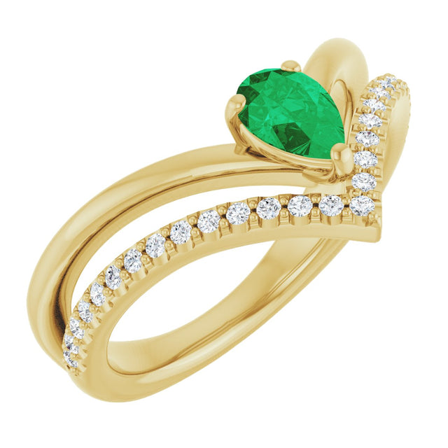 14K Gold Pear Lab-Grown Emerald & Natural Diamond Negative Space V Ring - Yellow Gold