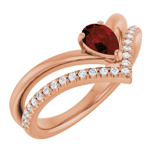 14K Gold Pear Natural Mozambique Garnet & Natural Diamond Negative Space V Ring - Rose Gold