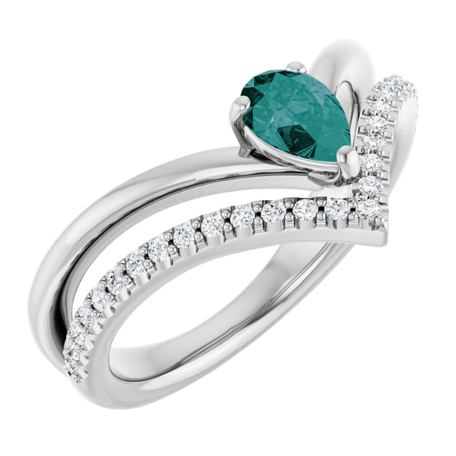 14K Gold Pear Lab-Grown Alexandrite & Natural Diamond Negative Space V Ring - White Gold