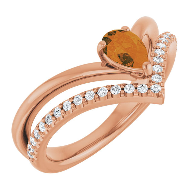 14K Gold Pear Natural Citrine & Natural Diamond Negative Space V Ring - Rose Gold
