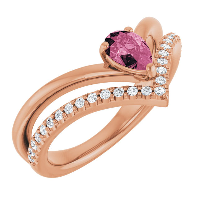 14K Gold Pear Natural Pink Tourmaline & Natural Diamond Negative Space V Ring - Rose Gold