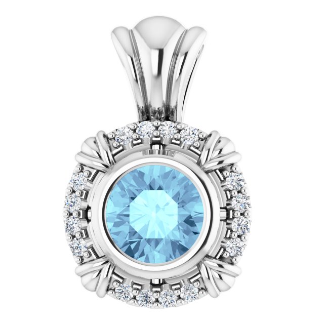 14K Gold Round Natural Aquamarine & Natural Diamond Halo-Style Pendant – 0.08 CTW - White Gold