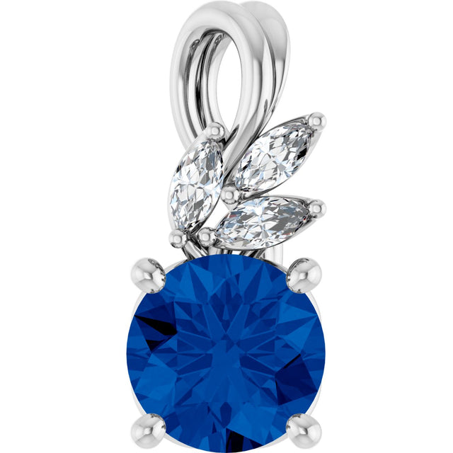 Platinum Round Lab-Grown Blue Sapphire & Natural Diamond Accented Floral Necklace or Pendant