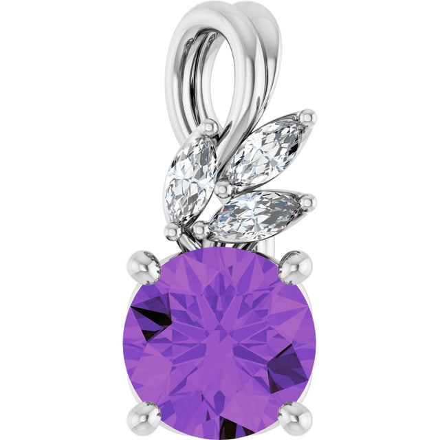 Platinum Round Natural Amethyst & Natural Diamond Accented Floral Necklace or Pendant