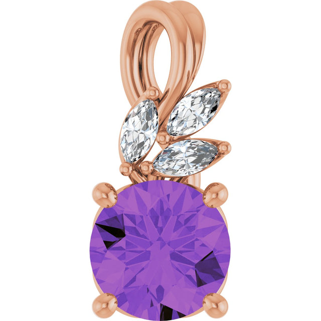 14K Gold Round Natural Amethyst & Natural Diamond Accented Floral Necklace or Pendant - Rose Gold
