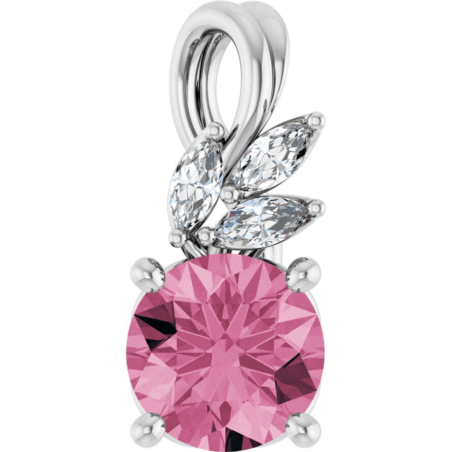 14K Gold Round Natural Pink Tourmaline & Natural Diamond Accented Floral Necklace or Pendant - White Gold