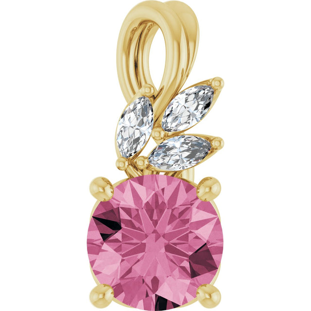 14K Gold Round Natural Pink Tourmaline & Natural Diamond Accented Floral Necklace or Pendant - Yellow Gold