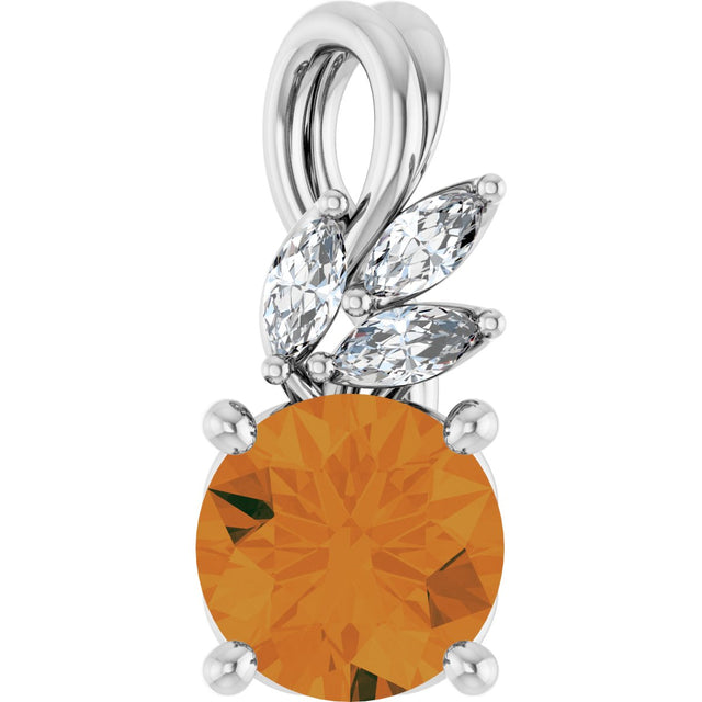 14K Gold Round Natural Citrine & Natural Diamond Accented Floral Necklace or Pendant - White Gold