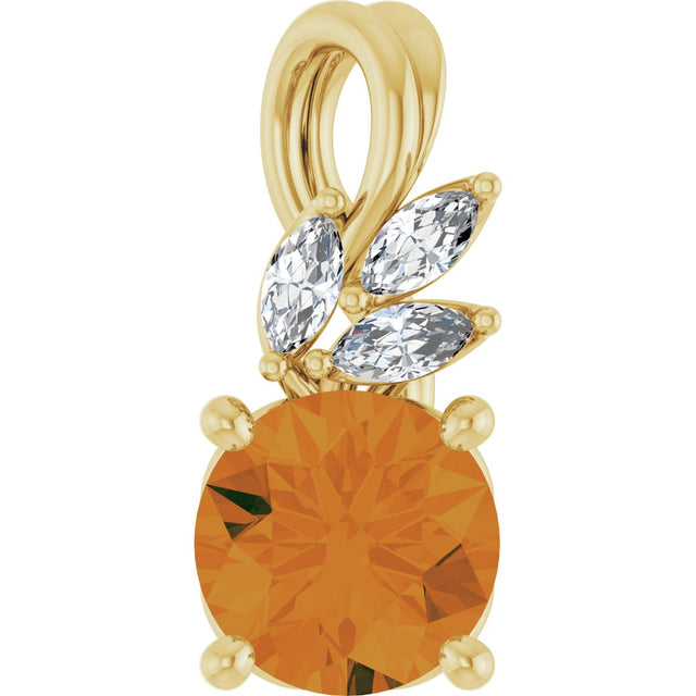 14K Gold Round Natural Citrine & Natural Diamond Accented Floral Necklace or Pendant - Yellow Gold
