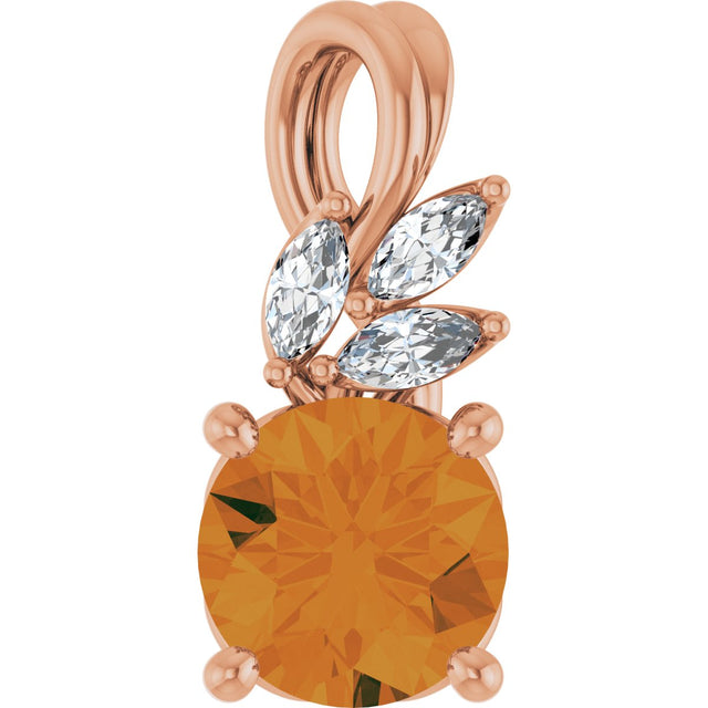 14K Gold Round Natural Citrine & Natural Diamond Accented Floral Necklace or Pendant - Rose Gold