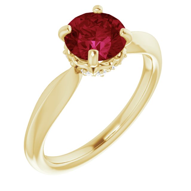 14K Gold Round Lab-Grown Ruby & Natural Diamond Accented Vintage-Inspired Ring - Yellow Gold