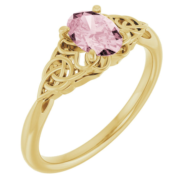14K Gold Oval Natural Pink Morganite Celtic-Inspired Solitaire Ring - Yellow Gold