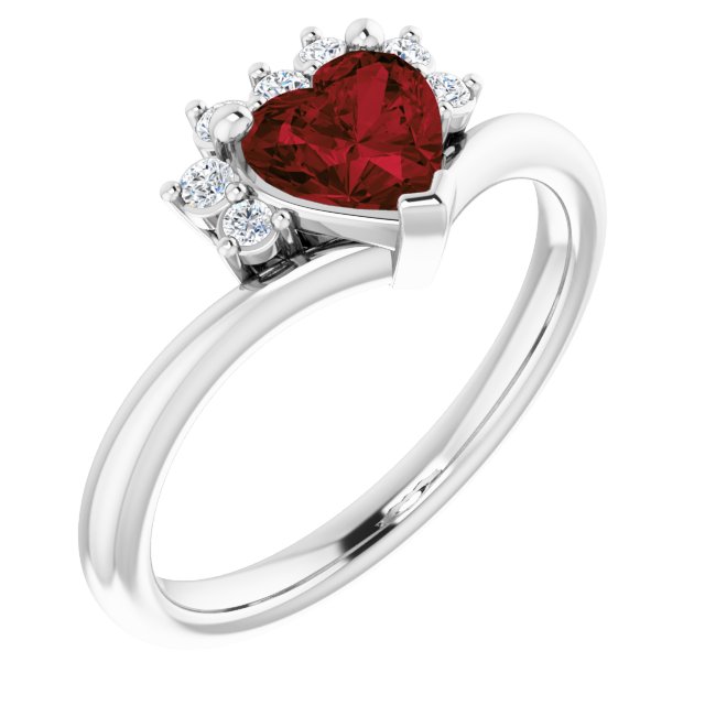 14K Gold Natural Mozambique Garnet & Natural Diamond Accented Heart Ring - White Gold