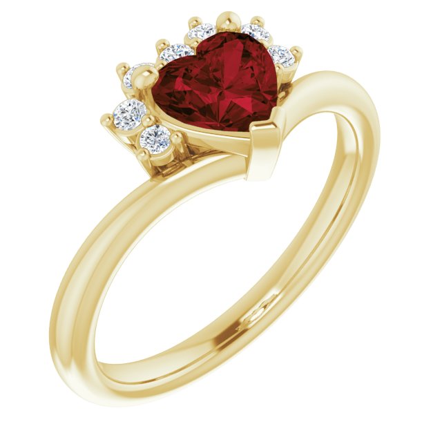 14K Gold Natural Mozambique Garnet & Natural Diamond Accented Heart Ring - Yellow Gold
