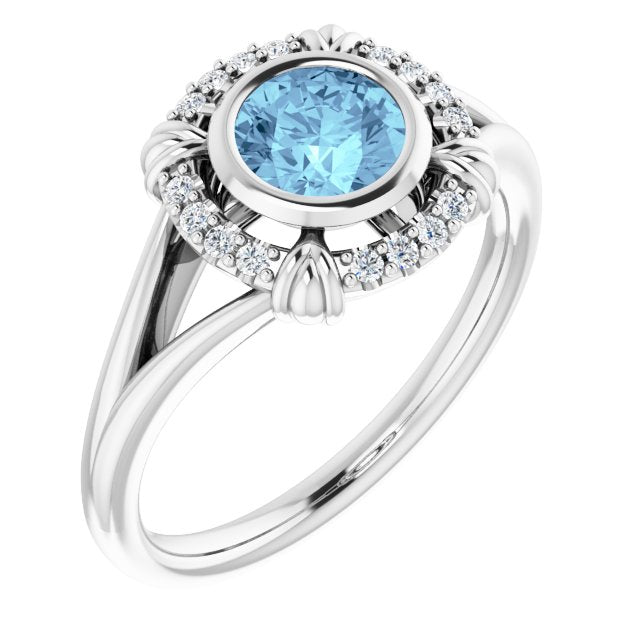 Platinum Round Natural Aquamarine & Natural Diamond Bezel-Set Halo-Style Ring