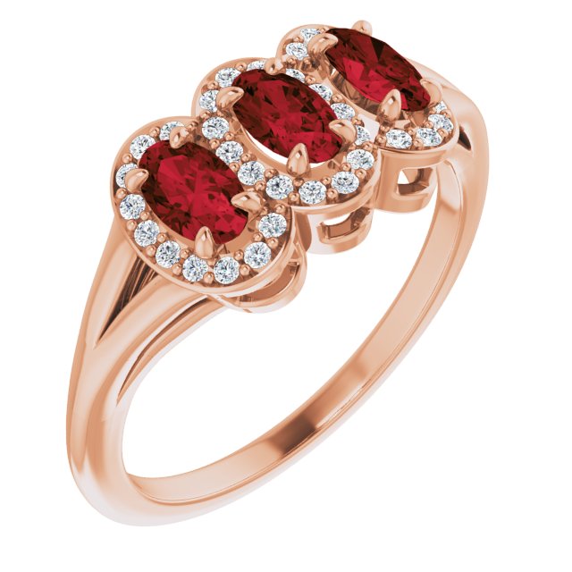 14K Gold Oval Natural Mozambique Garnet & Natural Diamond Halo-Style Three-Stone Ring – 5x3mm - Rose Gold