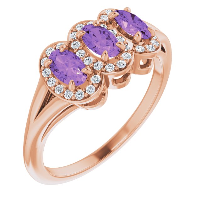 14K Gold Oval Natural Amethyst & Natural Diamond Halo-Style Three-Stone Ring - Rose Gold