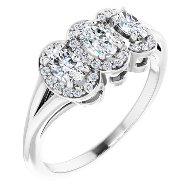 14K Gold Oval Natural White Sapphire & Natural Diamond Halo-Style Three-Stone Ring - White Gold