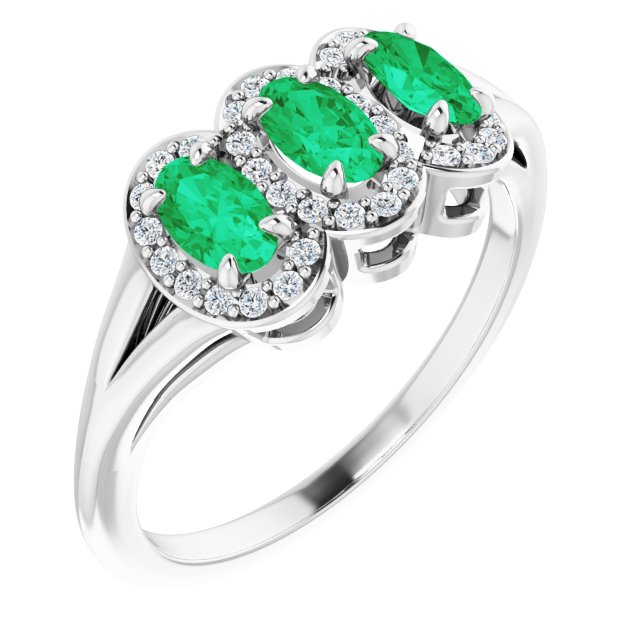 Platinum Oval Natural Emerald & Natural Diamond Halo-Style Three-Stone Ring
