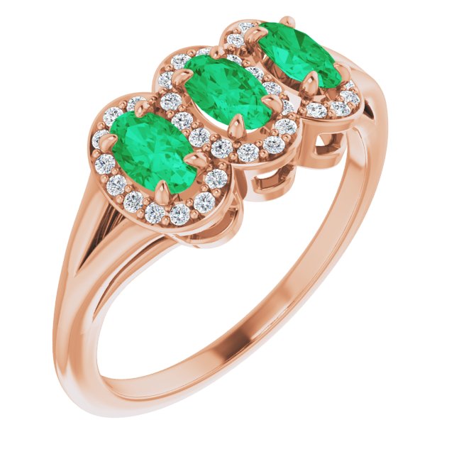 14K Gold Oval Natural Emerald & Natural Diamond Halo-Style Three-Stone Ring - Rose Gold