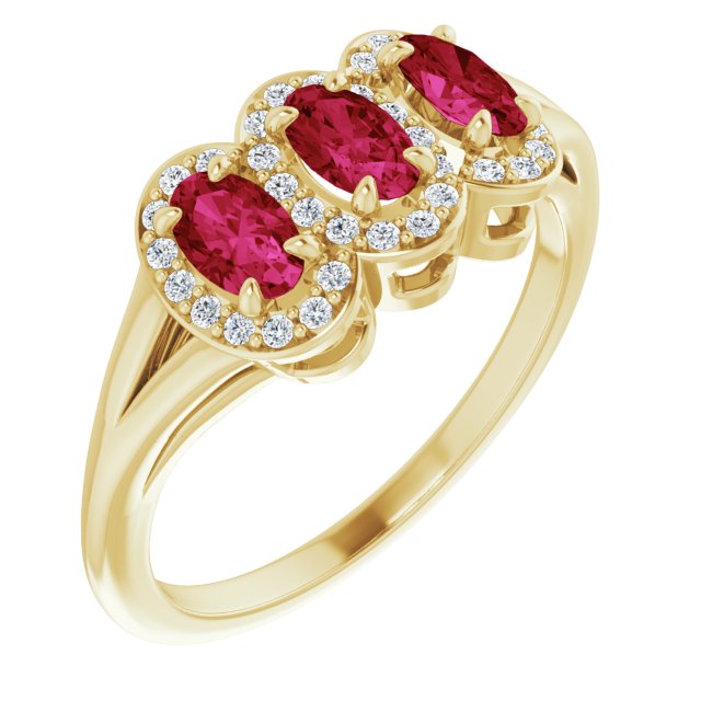 14K Gold Oval Lab-Grown Ruby & Natural Diamond Halo-Style Three-Stone Ring - Yellow Gold