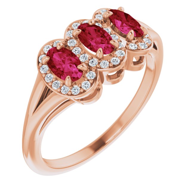 14K Gold Oval Lab-Grown Ruby & Natural Diamond Halo-Style Three-Stone Ring - Rose Gold