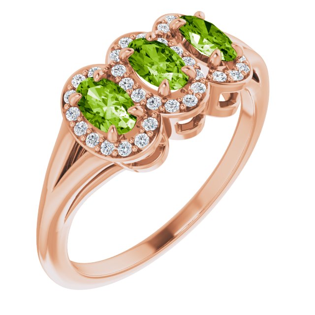 14K Gold Oval Natural Peridot & Natural Diamond Halo-Style Three-Stone Ring - Rose Gold