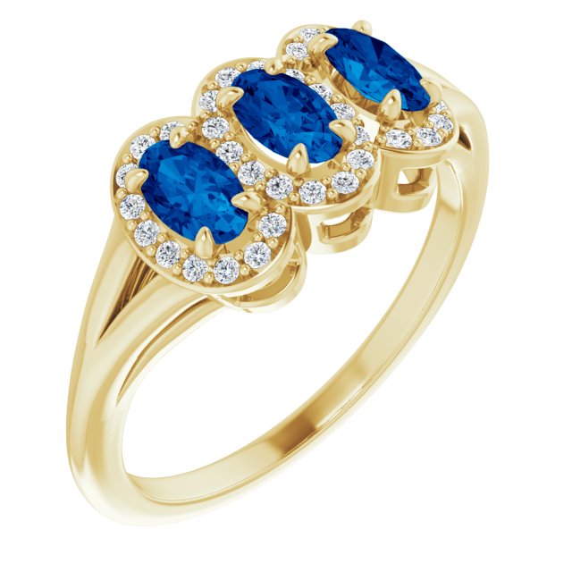 14K Gold Oval Lab-Grown Blue Sapphire & Natural Diamond Halo-Style Three-Stone Ring - Yellow Gold