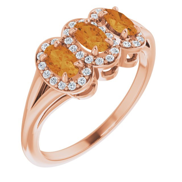 14K Gold Oval Natural Citrine & Natural Diamond Halo-Style Three-Stone Ring - Rose Gold