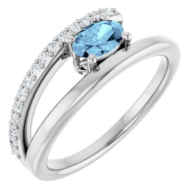 Platinum Oval Natural Aquamarine & Natural Diamond Accented Bypass Ring