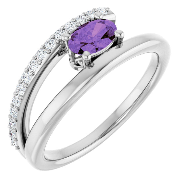 14K Gold Oval Natural Amethyst & Natural Diamond Accented Bypass Ring - White Gold