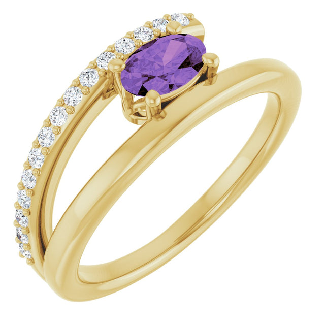 14K Gold Oval Natural Amethyst & Natural Diamond Accented Bypass Ring - Yellow Gold