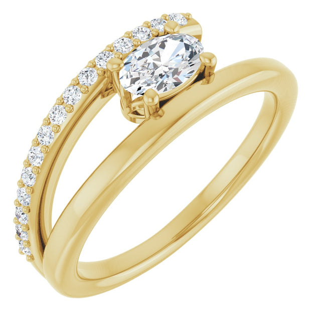 14K Gold Oval Natural White Sapphire & Natural Diamond Accented Bypass Ring - Yellow Gold