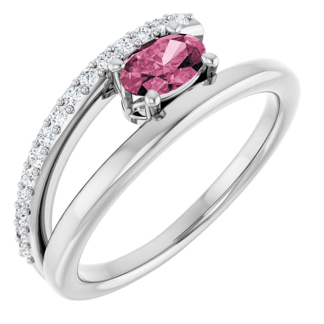 14K Gold Oval Natural Pink Tourmaline & Natural Diamond Accented Bypass Ring - White Gold