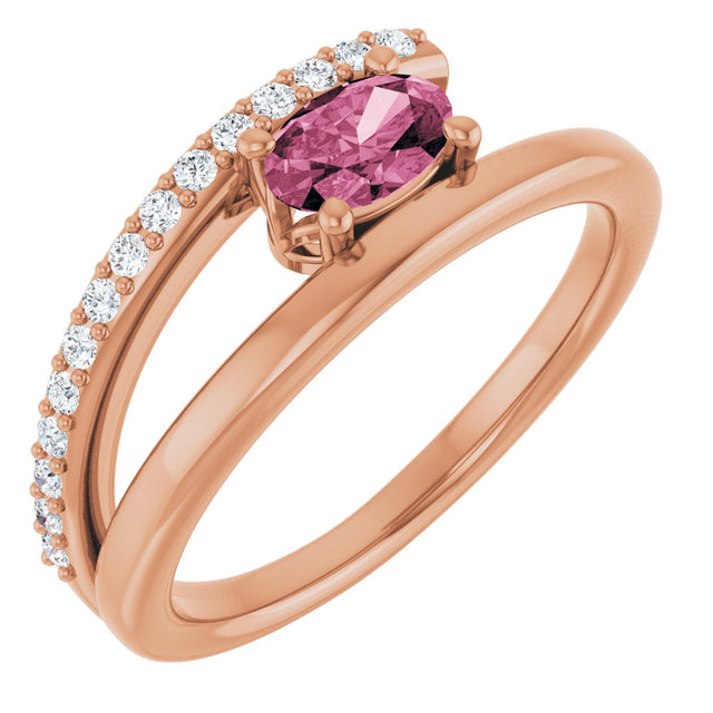 14K Gold Oval Natural Pink Tourmaline & Natural Diamond Accented Bypass Ring - Rose Gold
