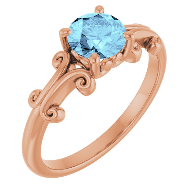 14K Gold Round Natural Aquamarine Sculptural Solitaire Ring - Rose Gold