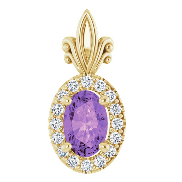 14K Gold Oval Natural Amethyst & Natural Diamond Halo-Style Pendant - Yellow Gold