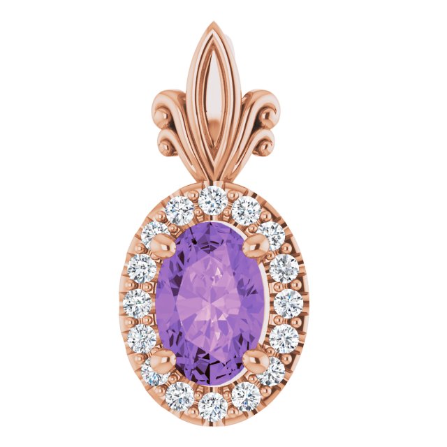 14K Gold Oval Natural Amethyst & Natural Diamond Halo-Style Pendant - Rose Gold