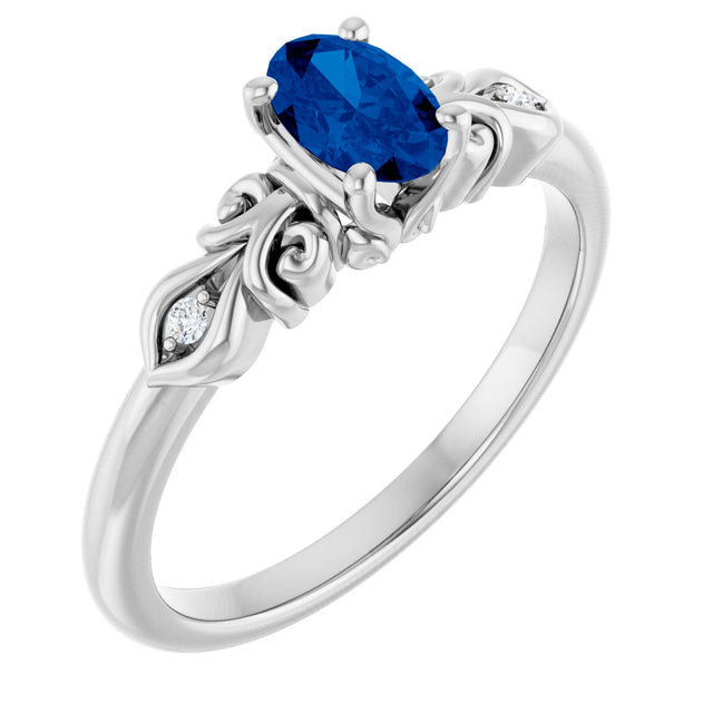 14K Gold Oval Lab-Grown Blue Sapphire & Natural Diamond Accented Ring - White Gold
