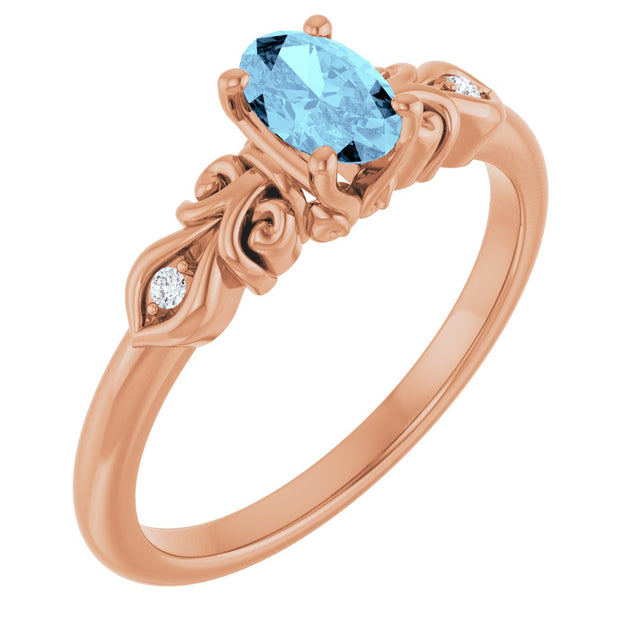14K Gold Oval Natural Aquamarine & Natural Diamond Accented Ring - Rose Gold
