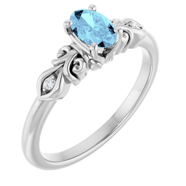 Platinum Oval Natural Aquamarine & Natural Diamond Accented Ring