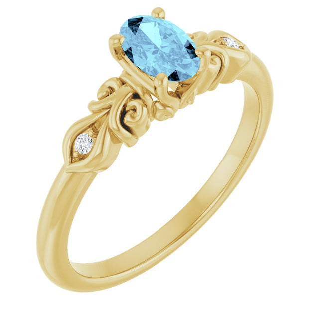 14K Gold Oval Natural Aquamarine & Natural Diamond Accented Ring - Yellow Gold