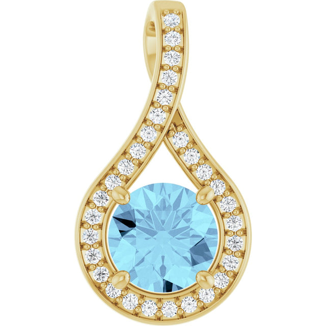 14K Gold Round Natural Aquamarine & Natural Diamond Accented Pendant – 0.08 CTW - Yellow Gold