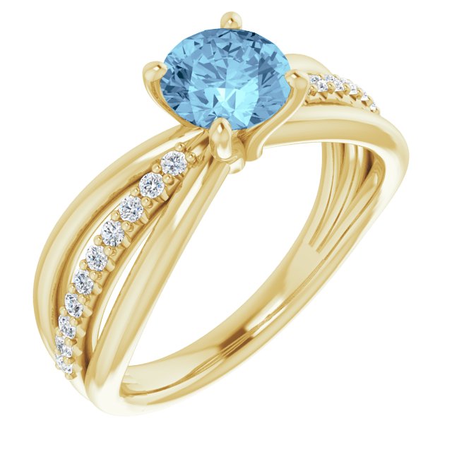 14K Gold Round Natural Aquamarine & Natural Diamond Accented Ring II - Yellow Gold