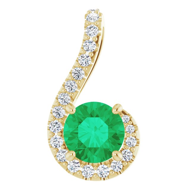 14K Gold Round Natural Emerald & Natural Diamond Freeform Pendant - Yellow Gold