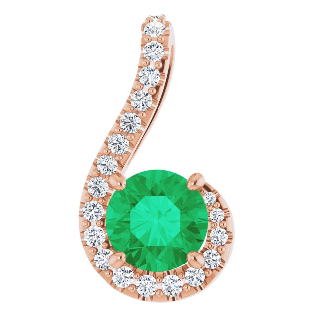 14K Gold Round Natural Emerald & Natural Diamond Freeform Pendant - Rose Gold